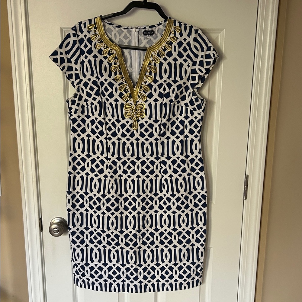 Mud Pie Navy & White Geometric Mini Dress with Gold Trim